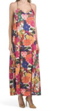 Nicole Miller Abstract Floral Print Slip on Satin Maxi Dress Size M